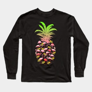 Pineapple Pink Flamingo Summer Fruit Hawaiian Long Sleeve T-Shirt